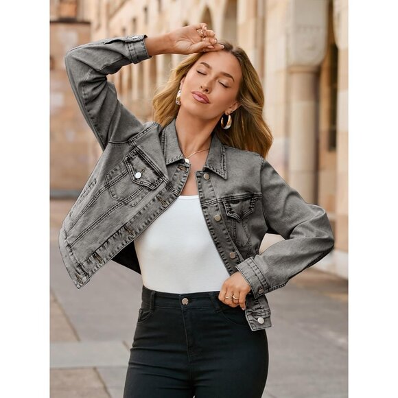 Women's Jean Jacket Long Sleeve Denim Jackets Button Down with Pockets Gray - Picture 2 of 6